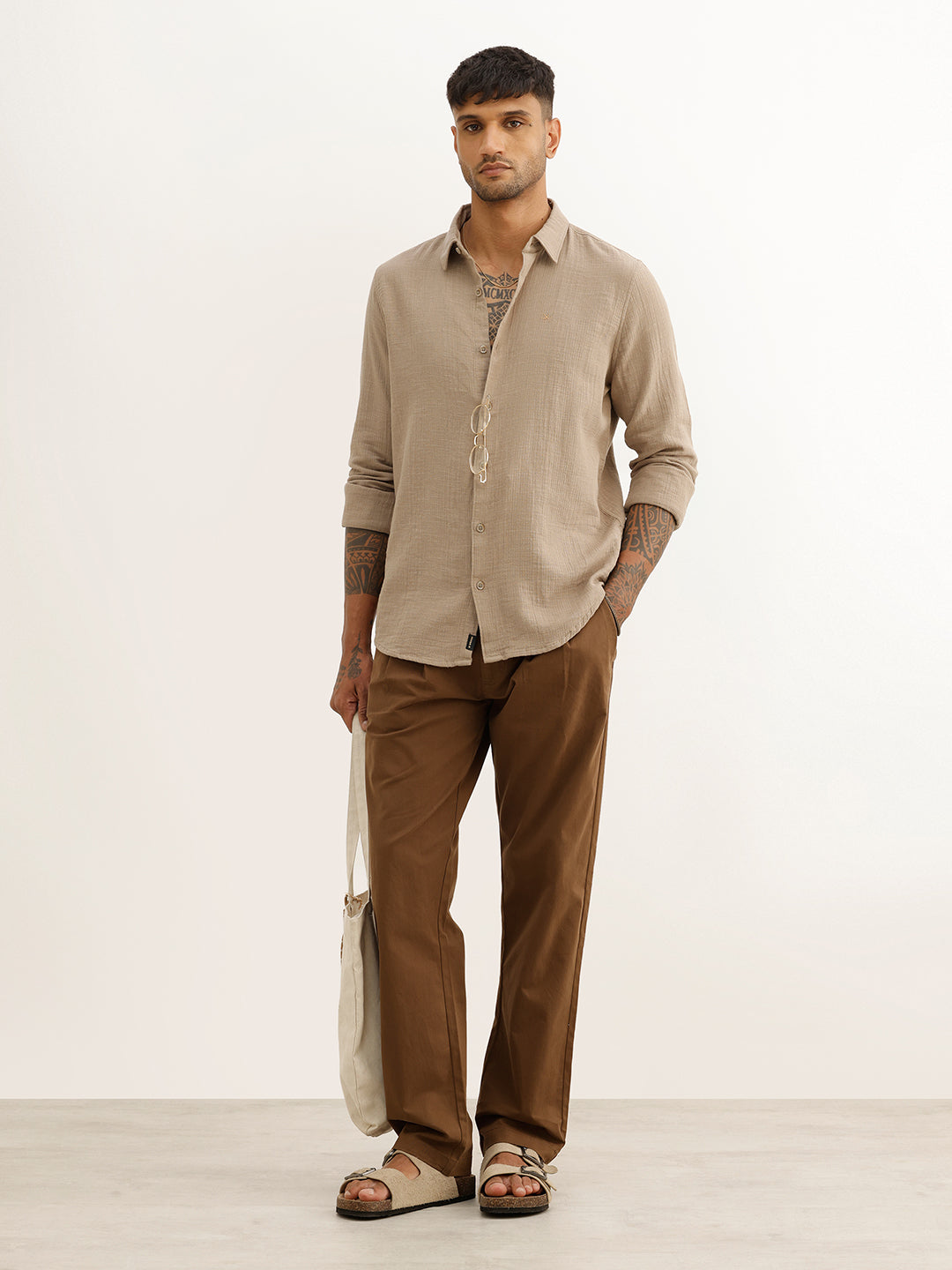 Solid Slim Fit 100% Cotton Shirt | Khaki