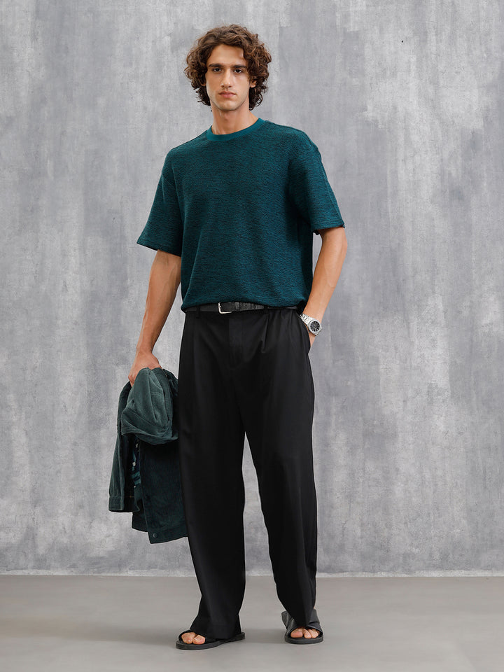 Two Tone Textured Slub Knit Oversized Crew Neck T-Shirt With Chunky Rib | Teal