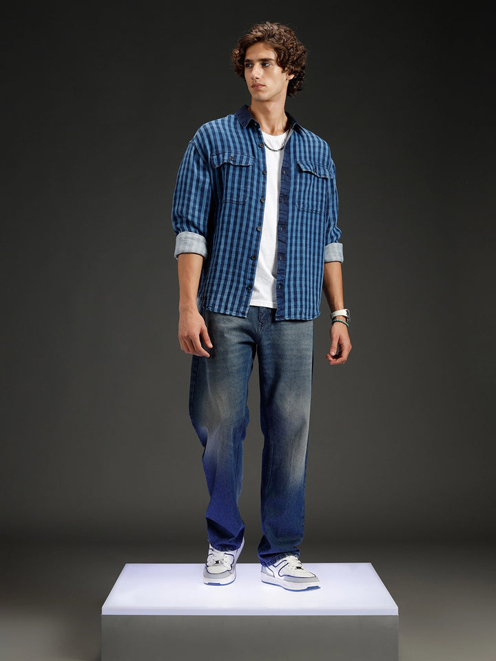 Men's casual oversized fit checkered pattern shirt | Navy Blue