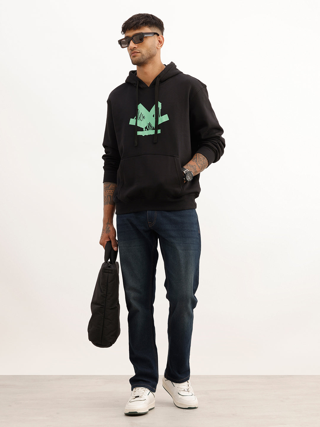 Comfort Fit Placement Printed Hoodie | Black