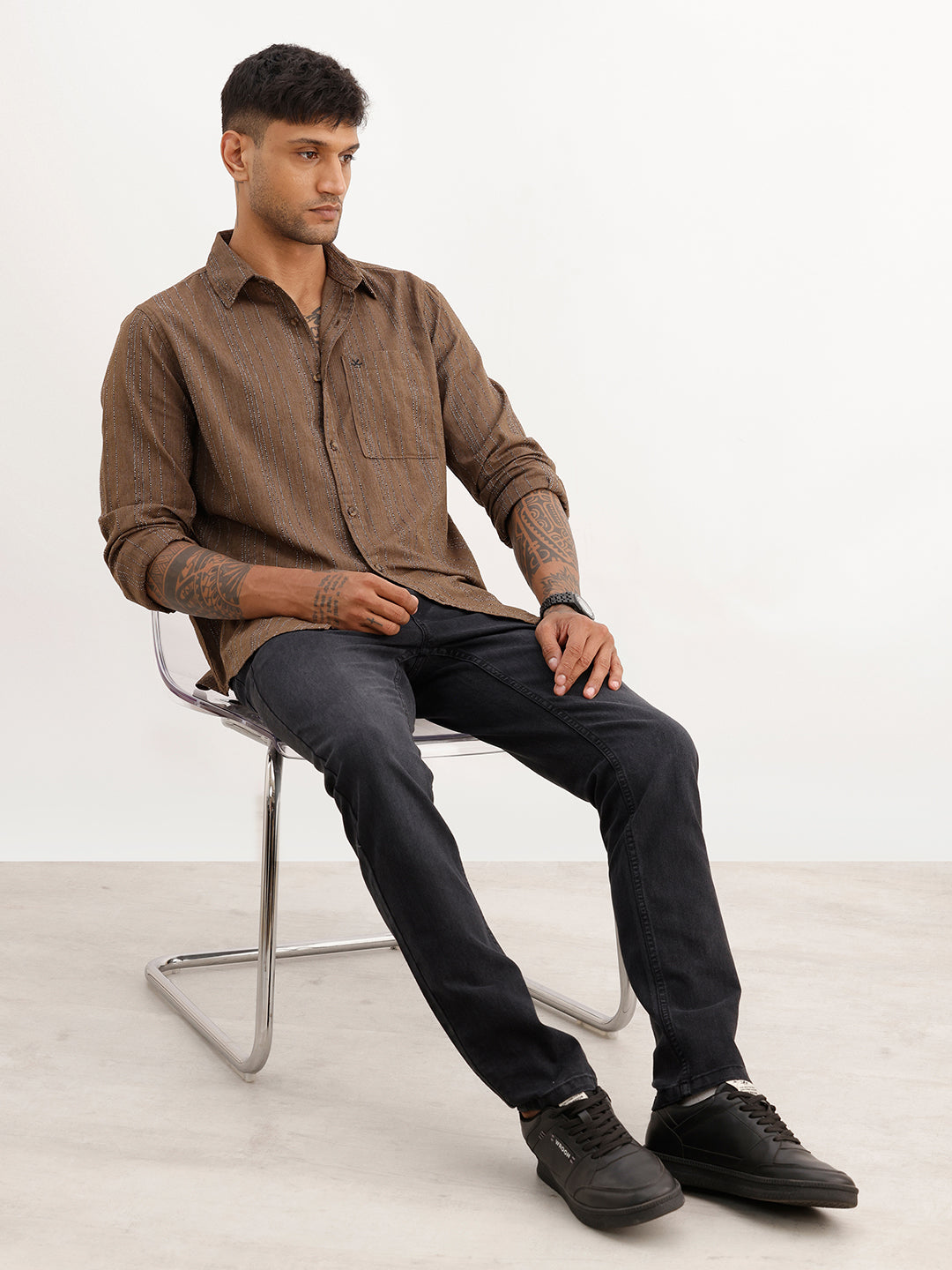 Slim Fit Textured Stripes Shirt | Brown
