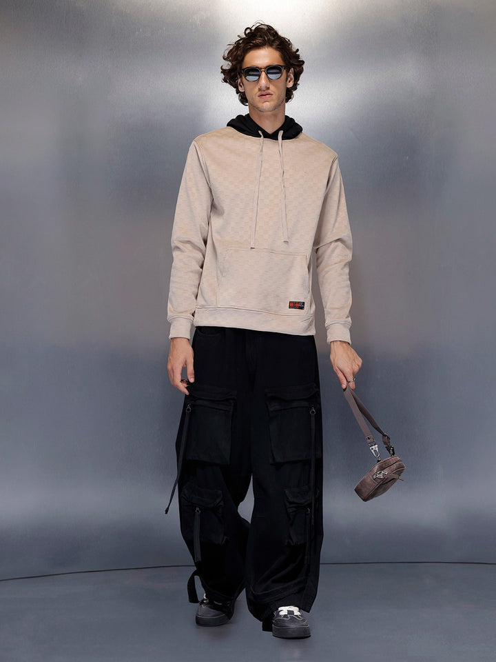 Men’s check-textured & black hoodie | Beige