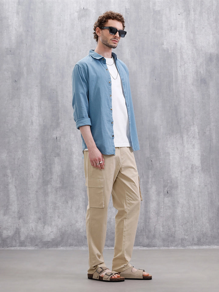 Solid Linen Blend Slim Fit Shirt | Blue