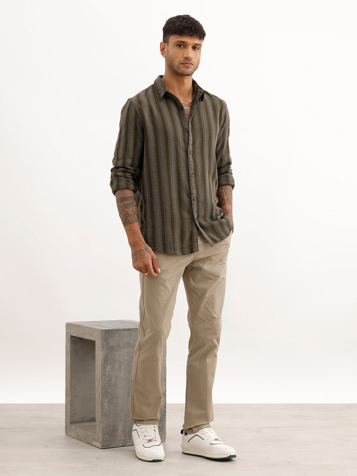Textured Slim Fit Striped Shirt | Olive