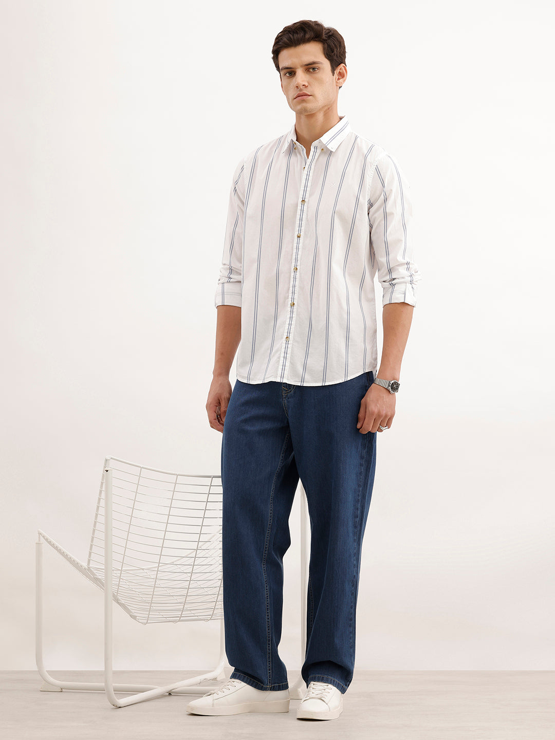 Slim Fit Striped 100% Cotton Shirt  | White