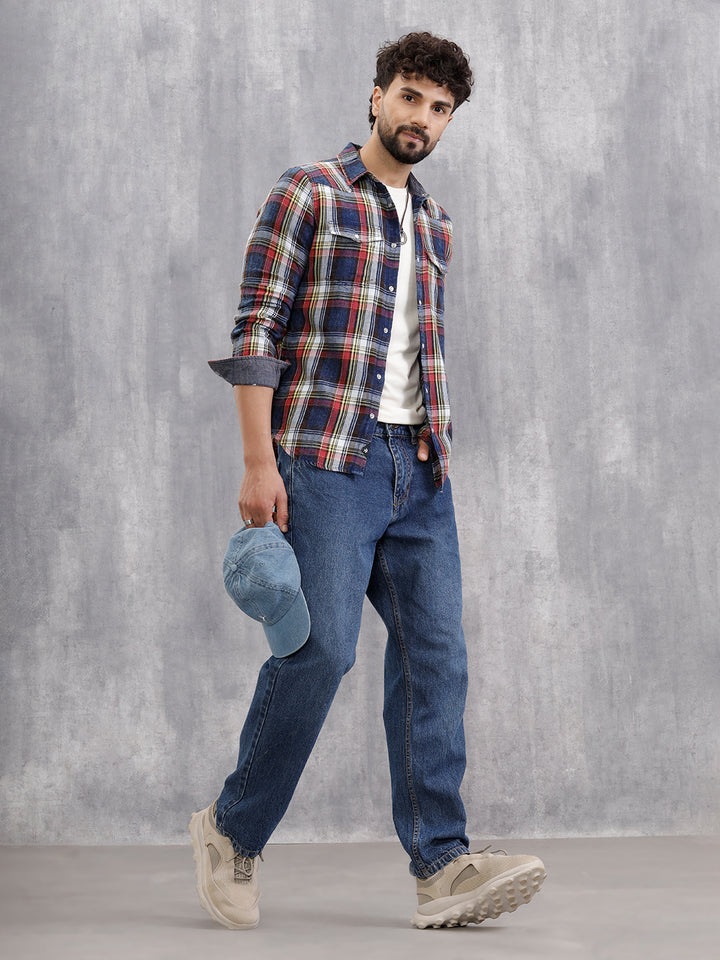 Acid Washed Indigo Check Shirt With Western Yoke | Red