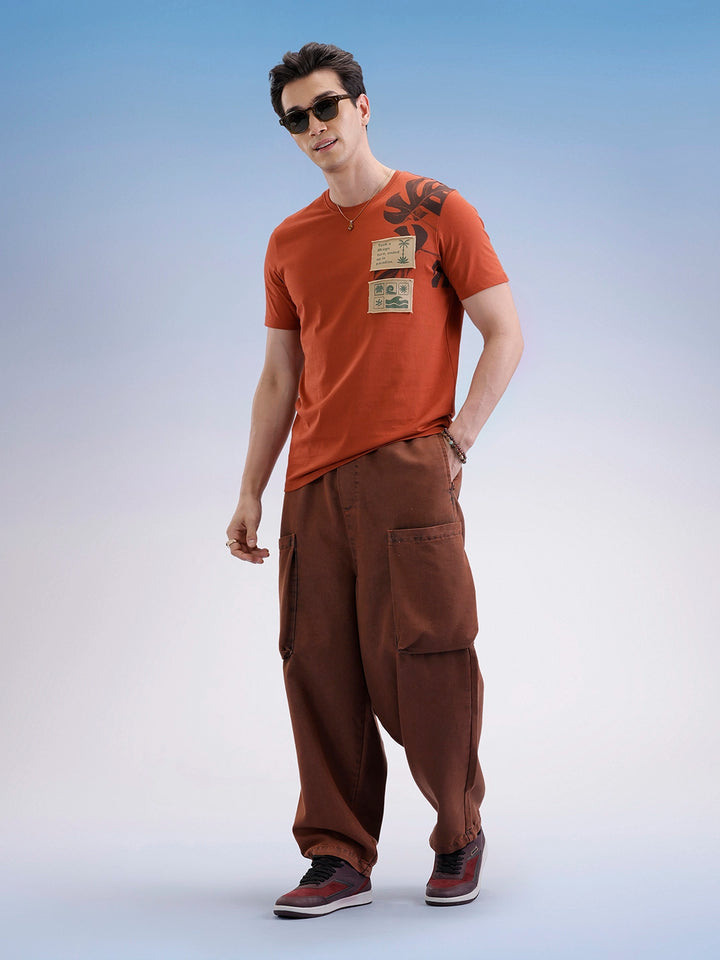 Slim Fit Placement Patch Printed T-Shirt  | Rust