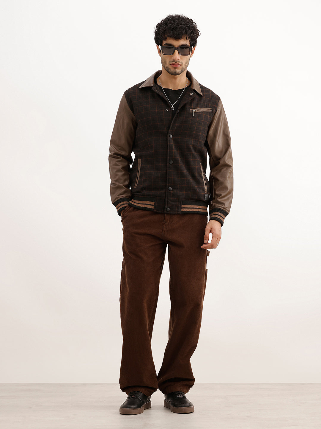 Classic Regular Fit Checkered Pannel Jacket | Brown