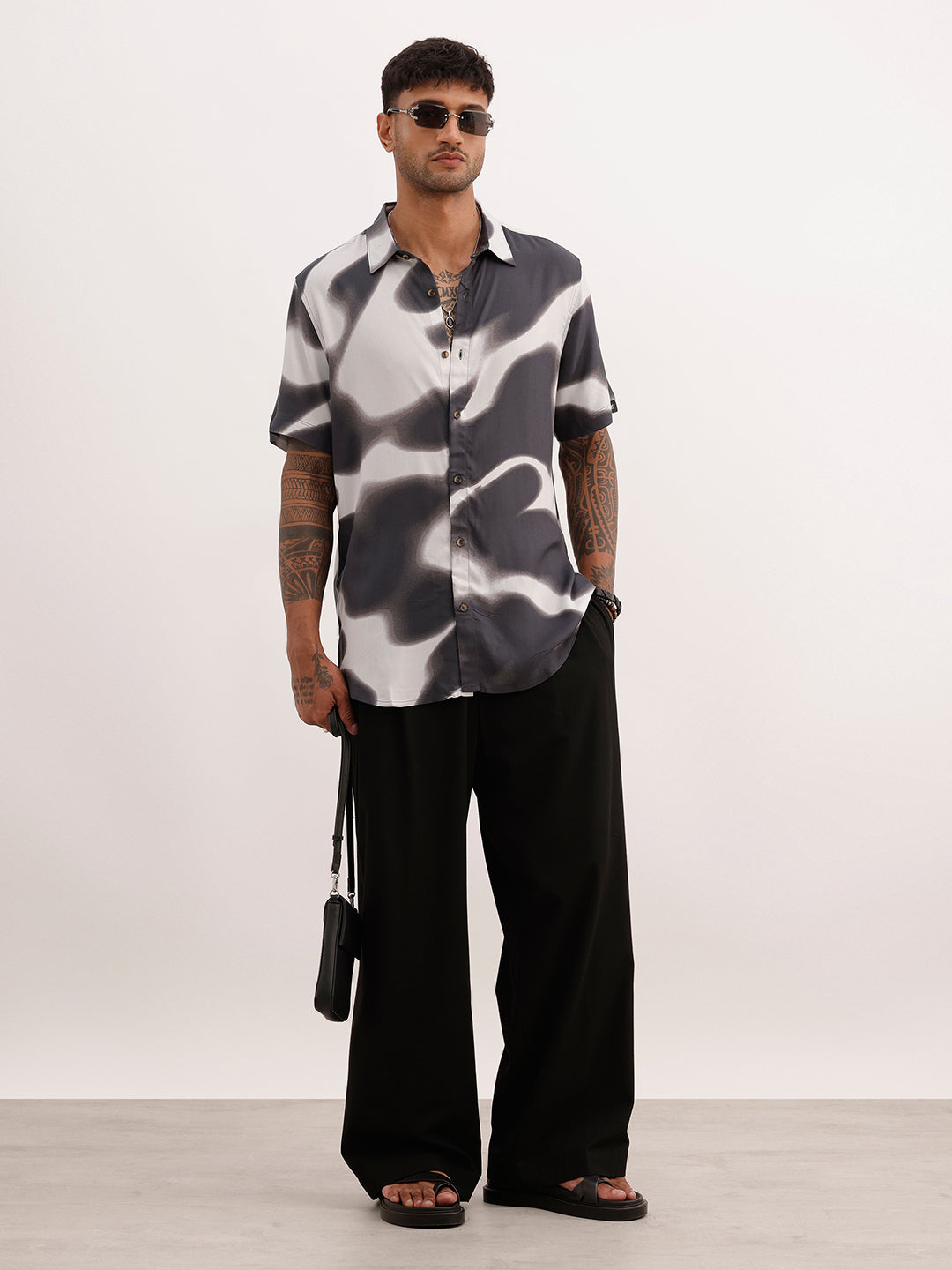 Slim Fit AOP Half Sleeve Shirt | Black | WSH02HSSL0155S