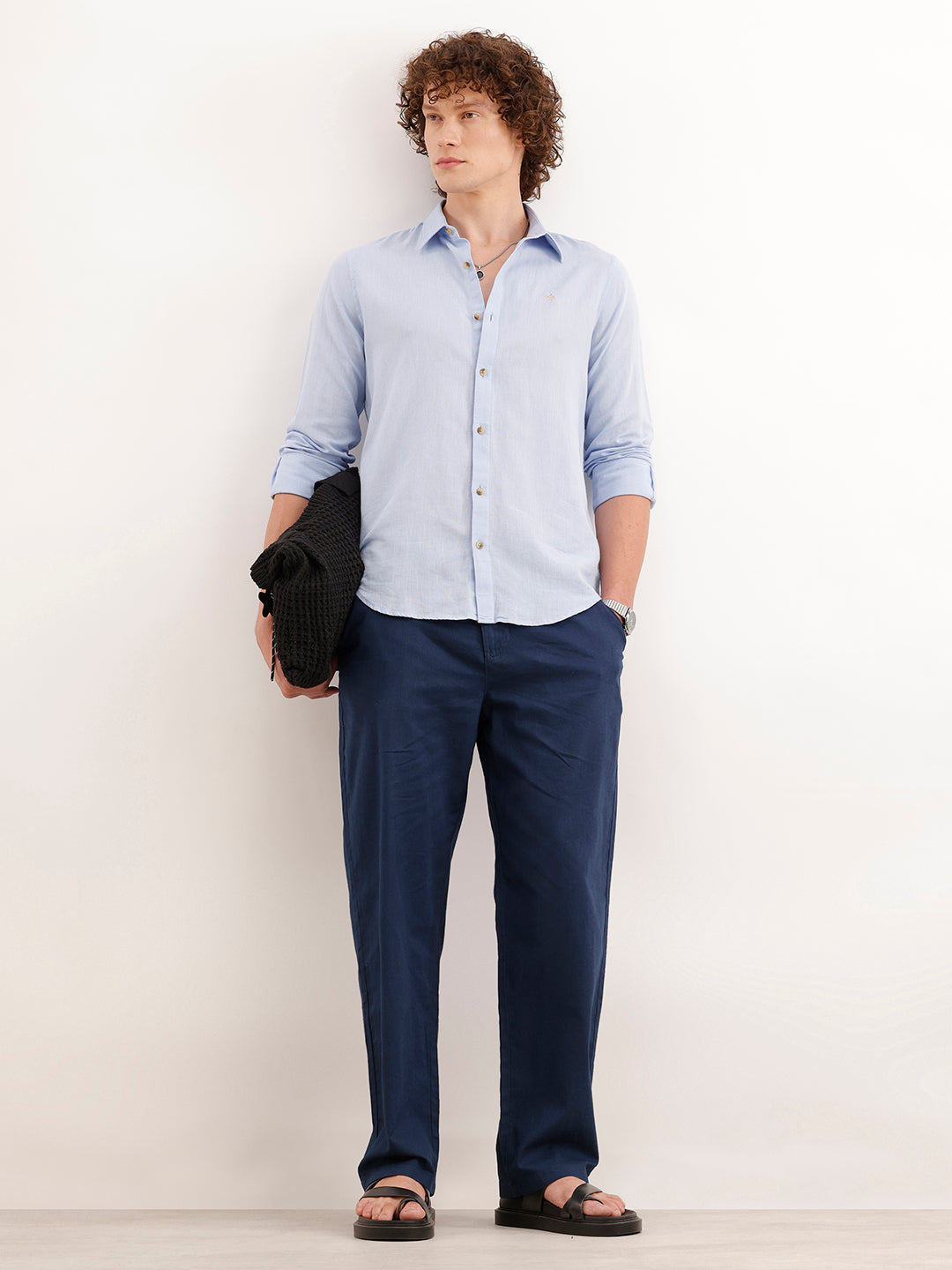 Loose Fit Solid Linen Blend Mens Trouser  | Navy Blue