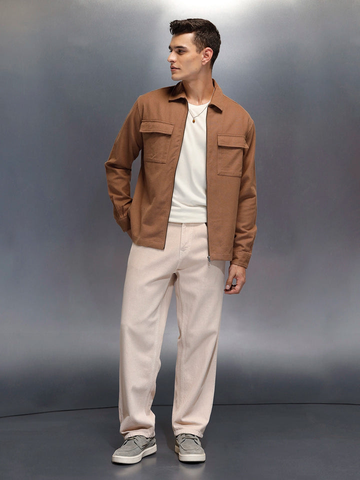 Men's casual front zipper double pocket shacket | Brown