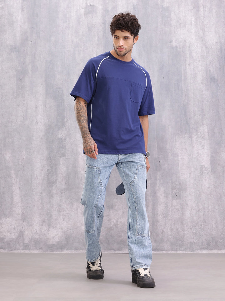 Raglan Sleeve Sporty Look Oversized Fit T-shirt With Patch Pocket | Blue