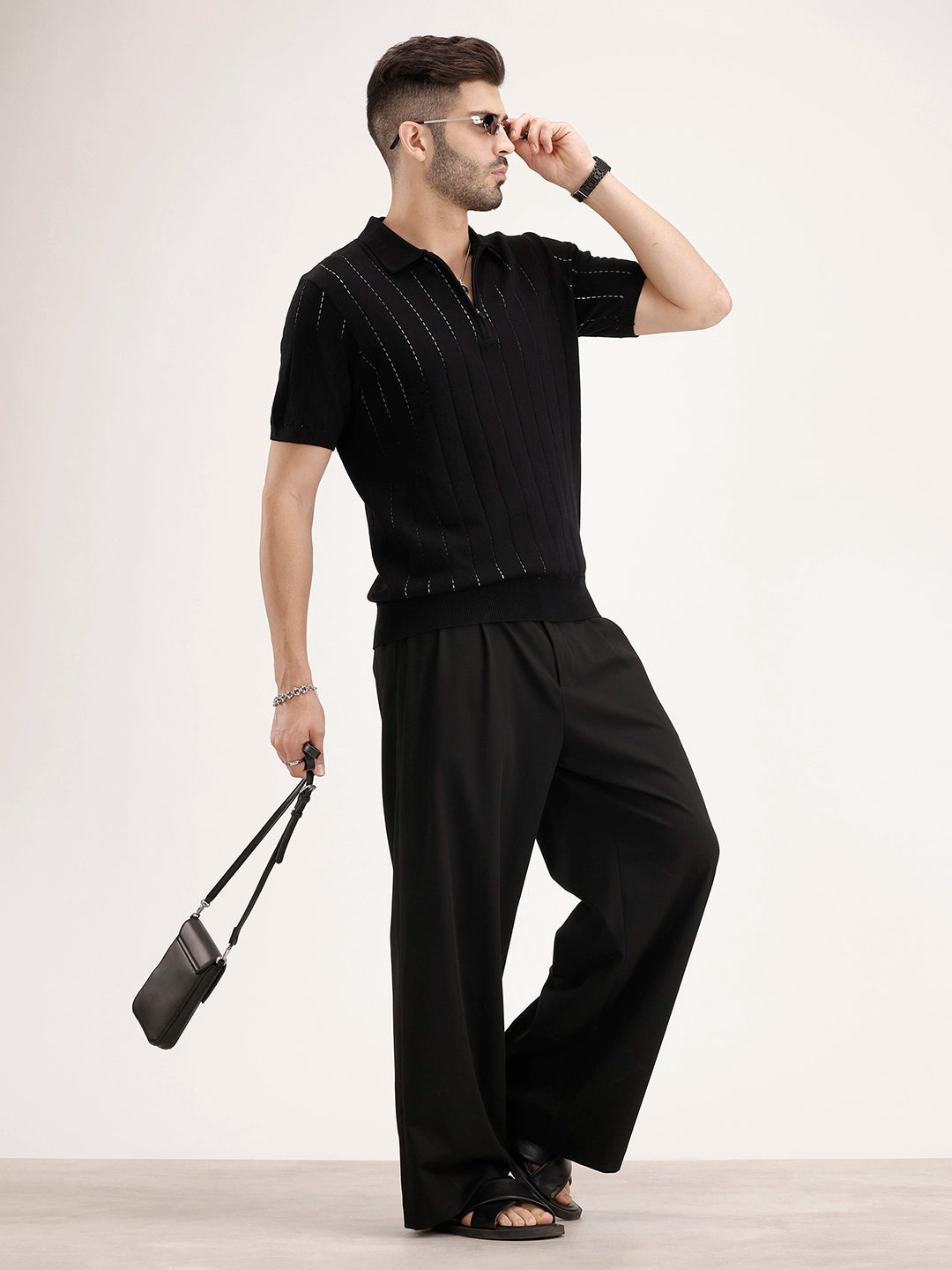 Slim Fit Flat Knit Textured T-Shirt | Black