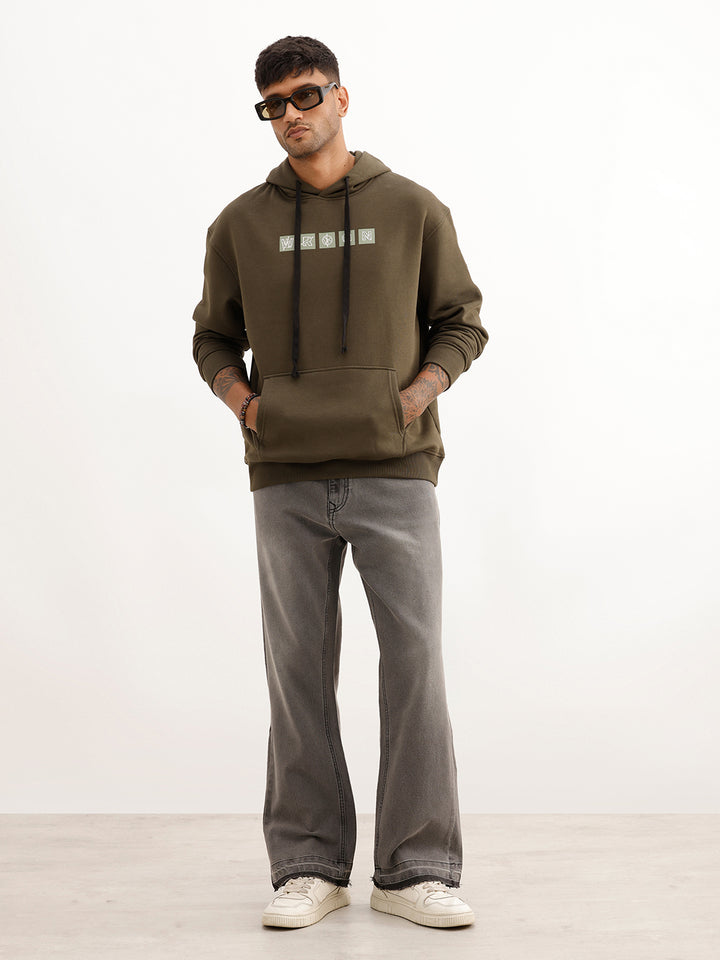 Classic Oversized Placement Printed Hoodie | Olive