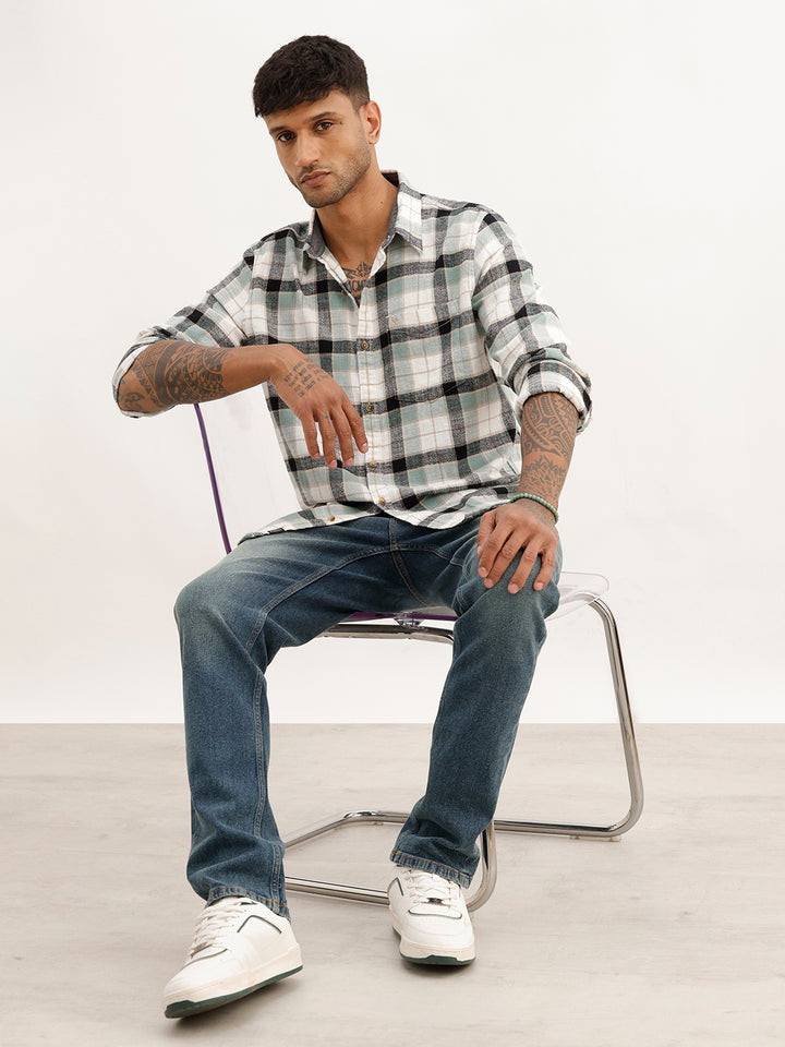 Slim Fit Checkered Full Sleeve Shirt | Teal