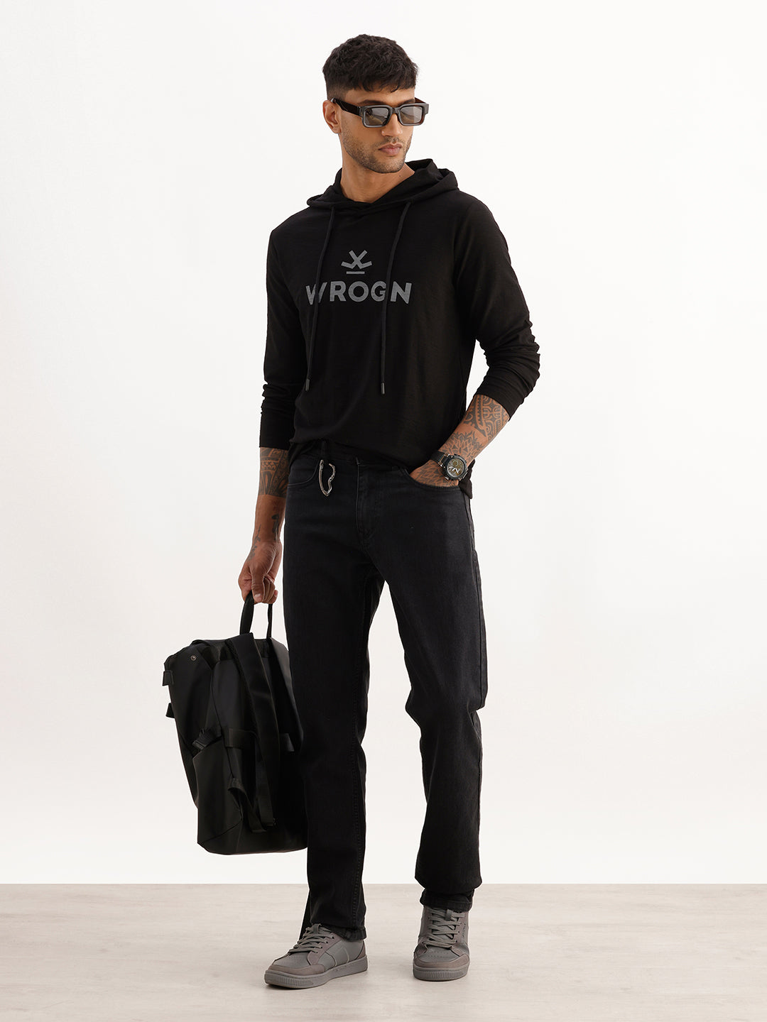 Classic Slim Fit Placement Printed Hooded Sweatshirt | Black