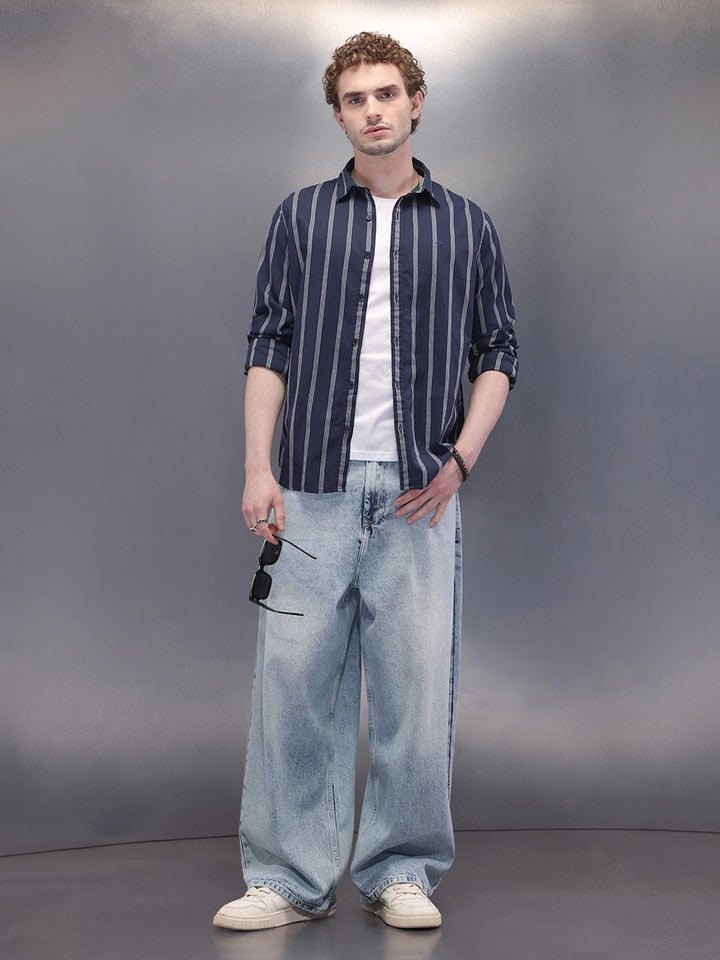 Textured Stripes Open Dobby Shirt | Navy Blue