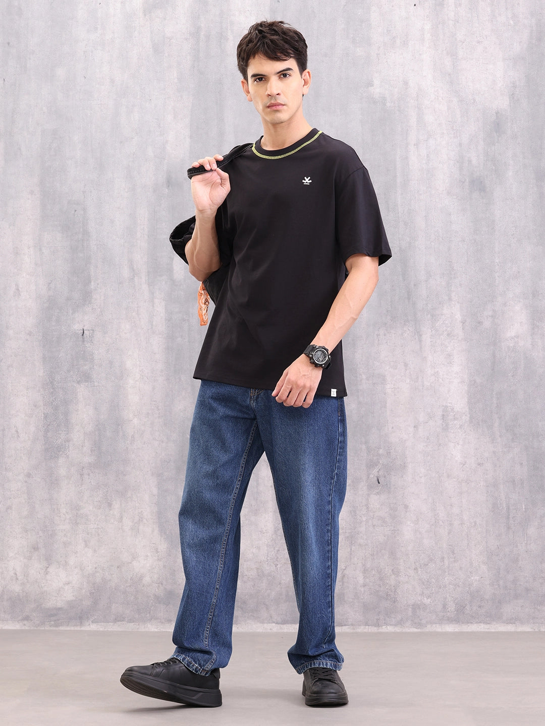 Contrast Flat Lock Detail Oversized Fit T-shirt | Black