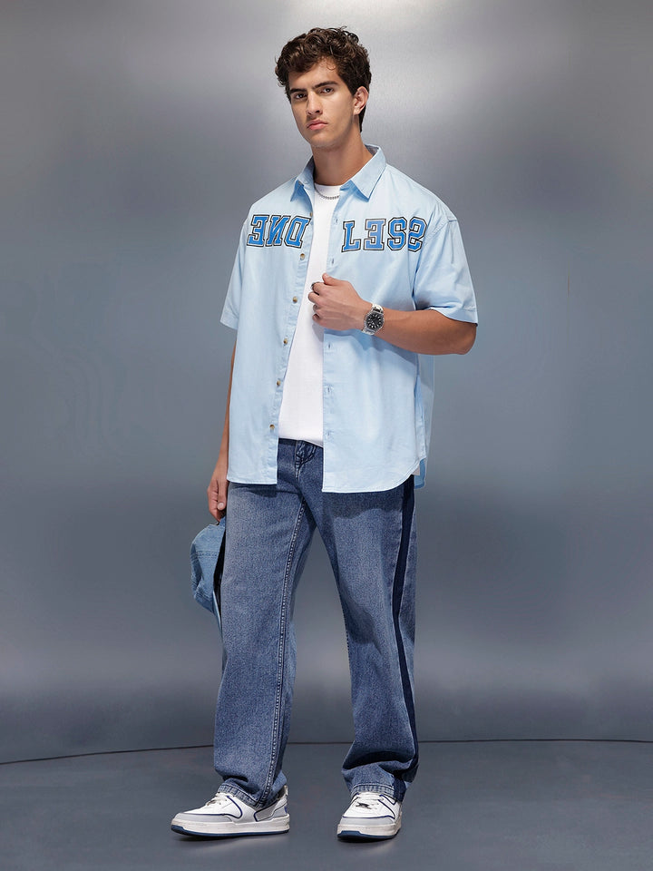 Placement Printed Oversized Shirt   |  Blue