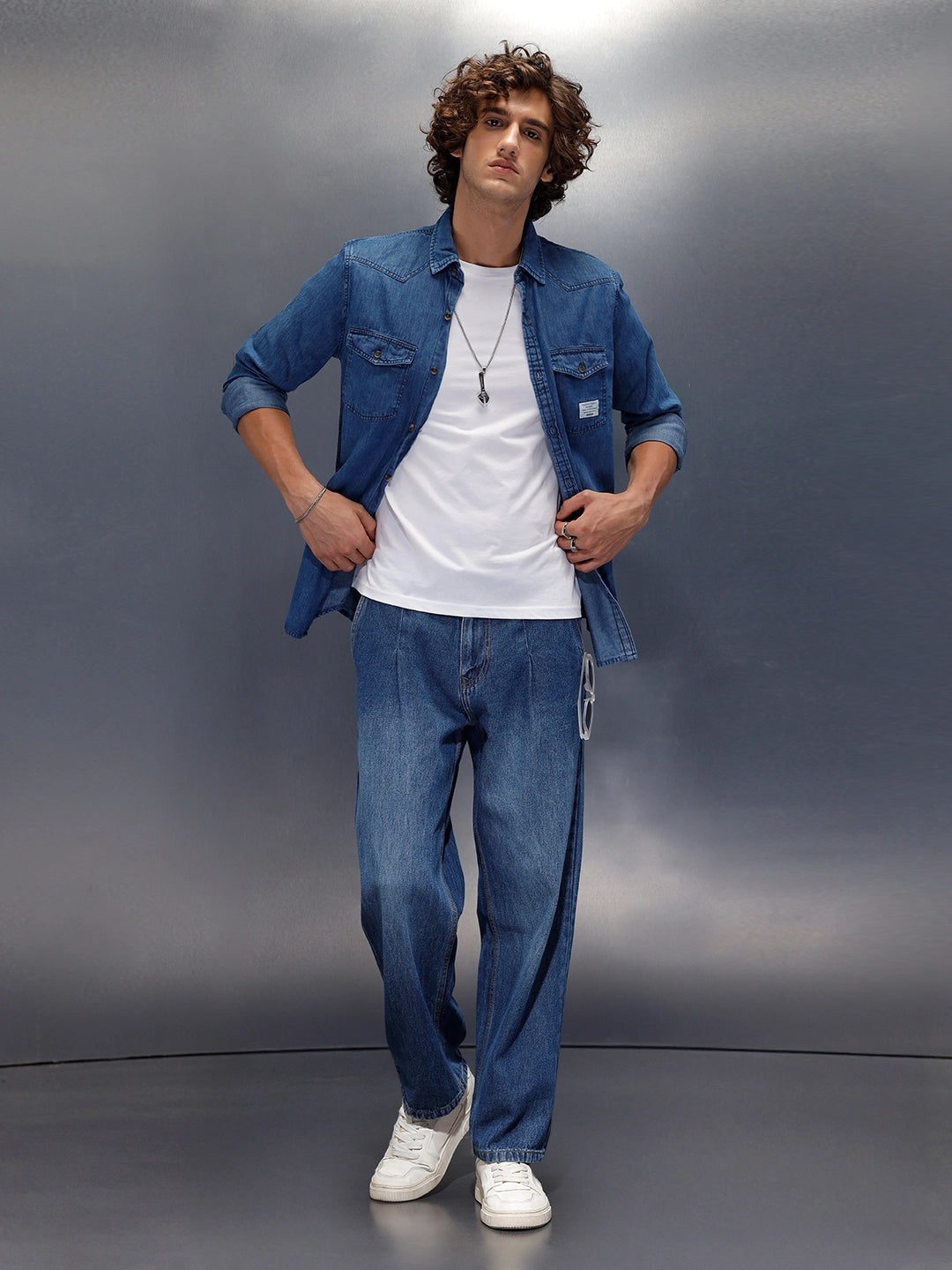 Flap Pocket Regualr Fit Denim Shirt With Branding | Blue