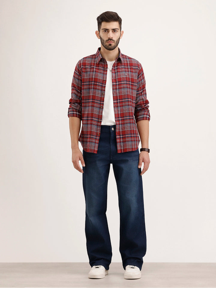 Textured Slim Fit Checkered Shirt |Maroon