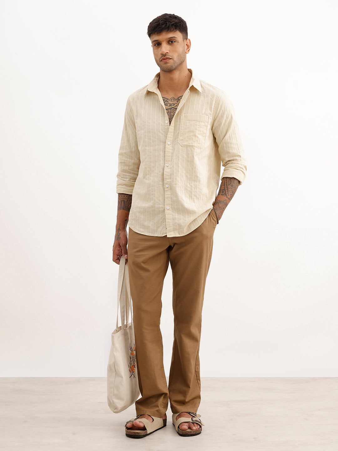 Slim Fit Striped Full Sleeve Shirt | Beige