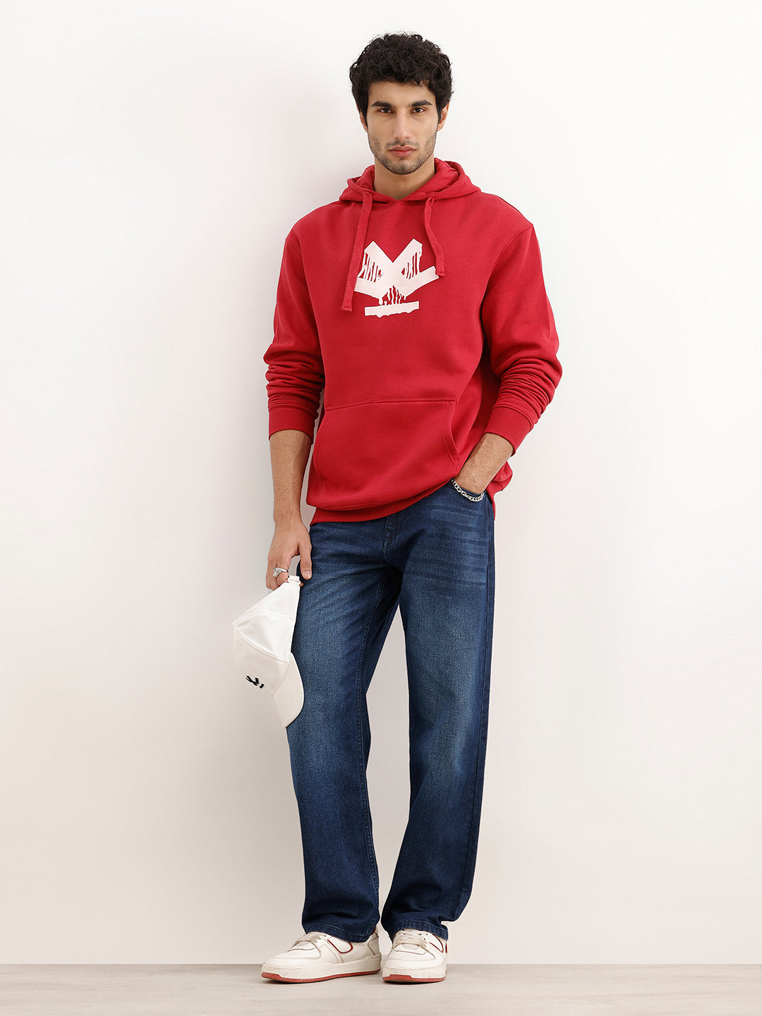 Oversized Placement Printed Hooded Sweatshirt | Red