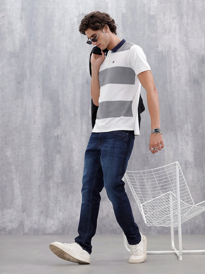 Regualr Fit Striped Printed Polo Tshirt | White