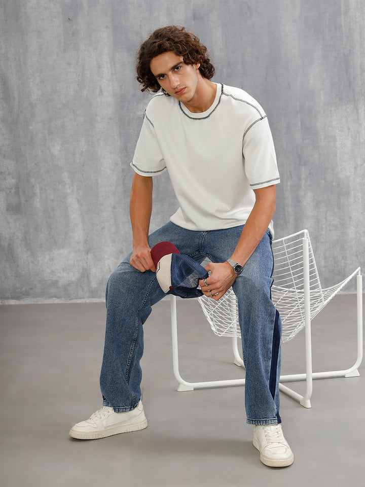 Premium Textured Knit With Contrast Stitch Details On Seams  | Off White