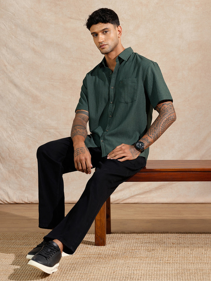 Classic Textured Short Sleeve Shirt | Dark Green
