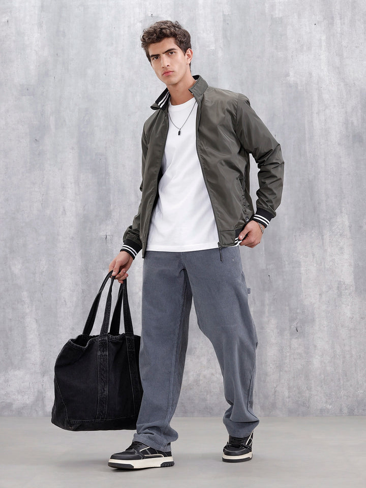Men's Casual Zip-Up Jacket With Contrast Trim | Green
