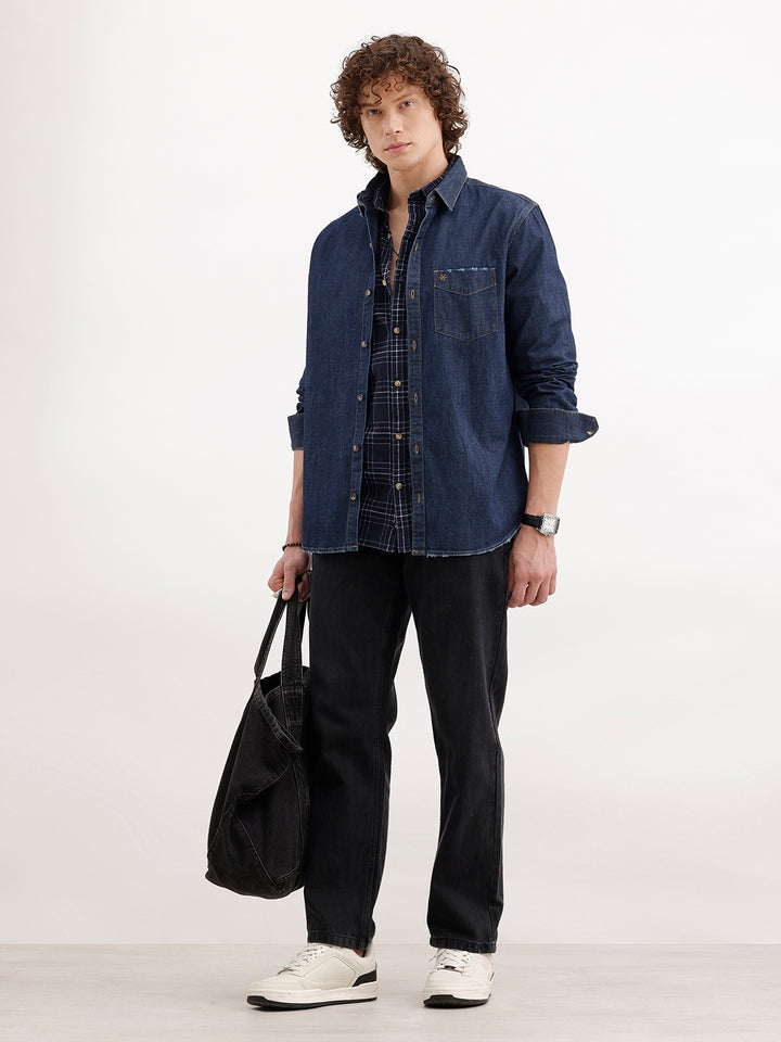 Slim Fit Distressed Denim Shirt | Dark Blue