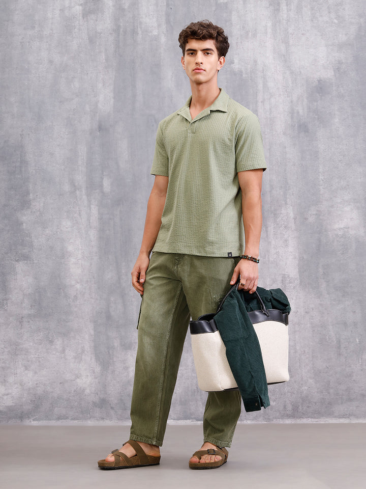 Resort Collar Textured Seersucker Fabric Polo T-Shirt | Green