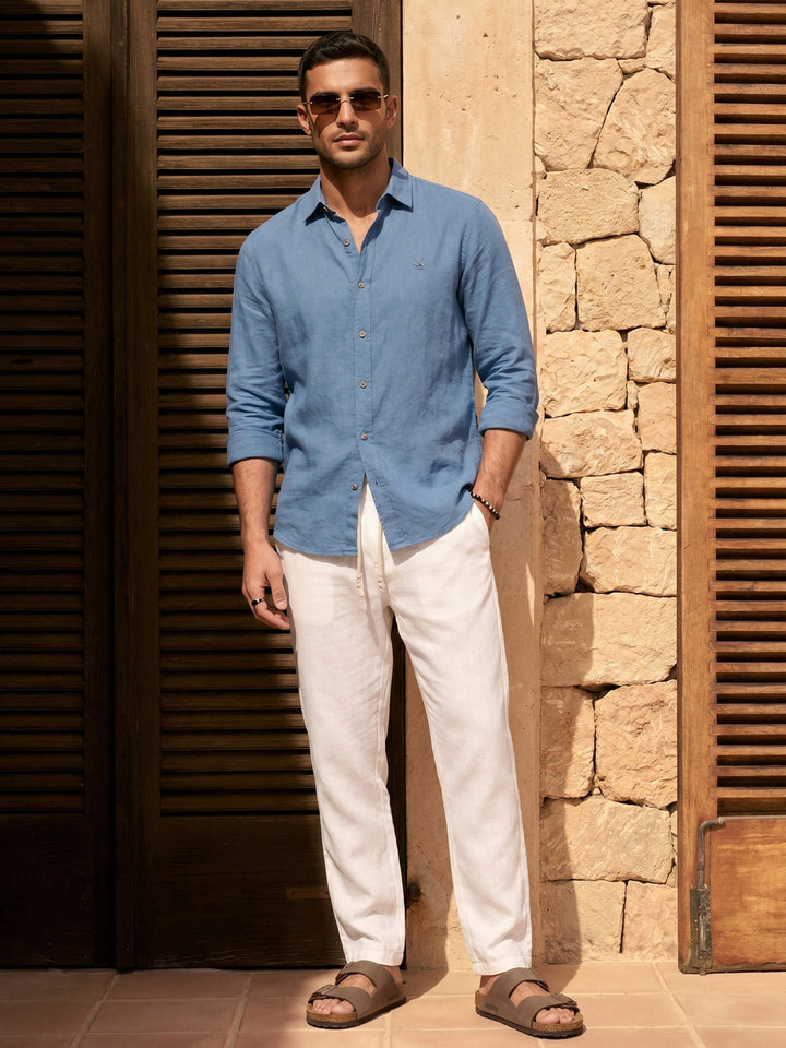 Solid Linen Blend Slim Fit Shirt | Blue