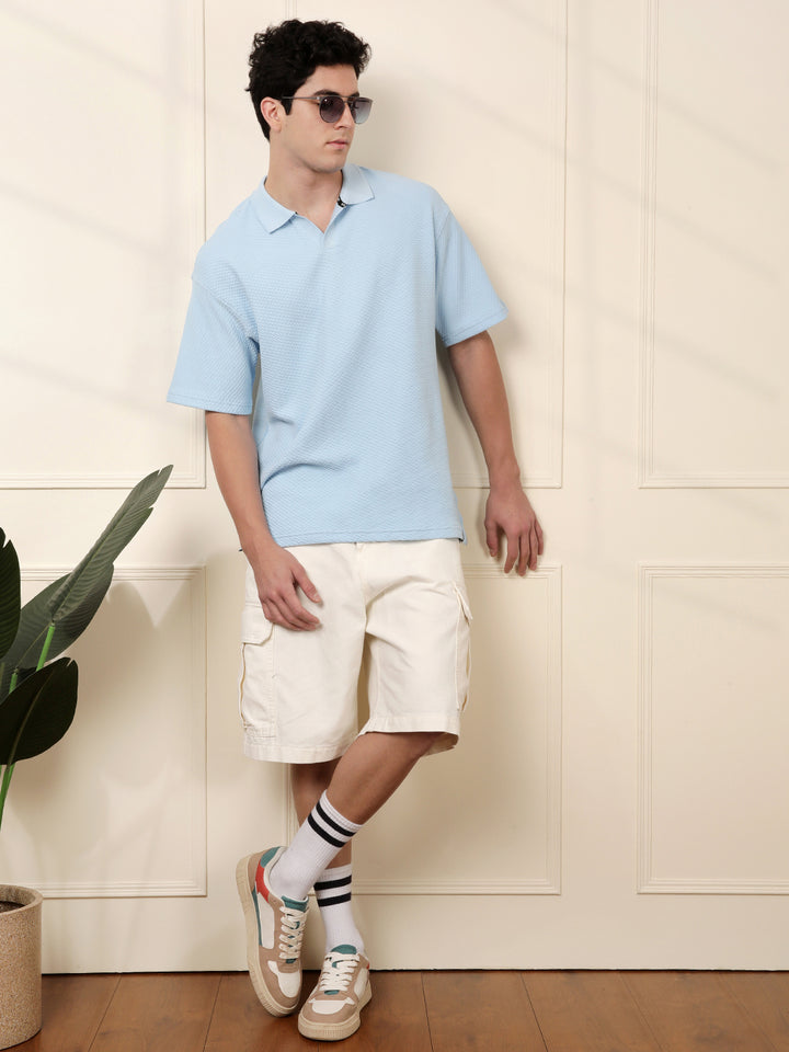 Textured Oversized Polo T-Shirt | Blue