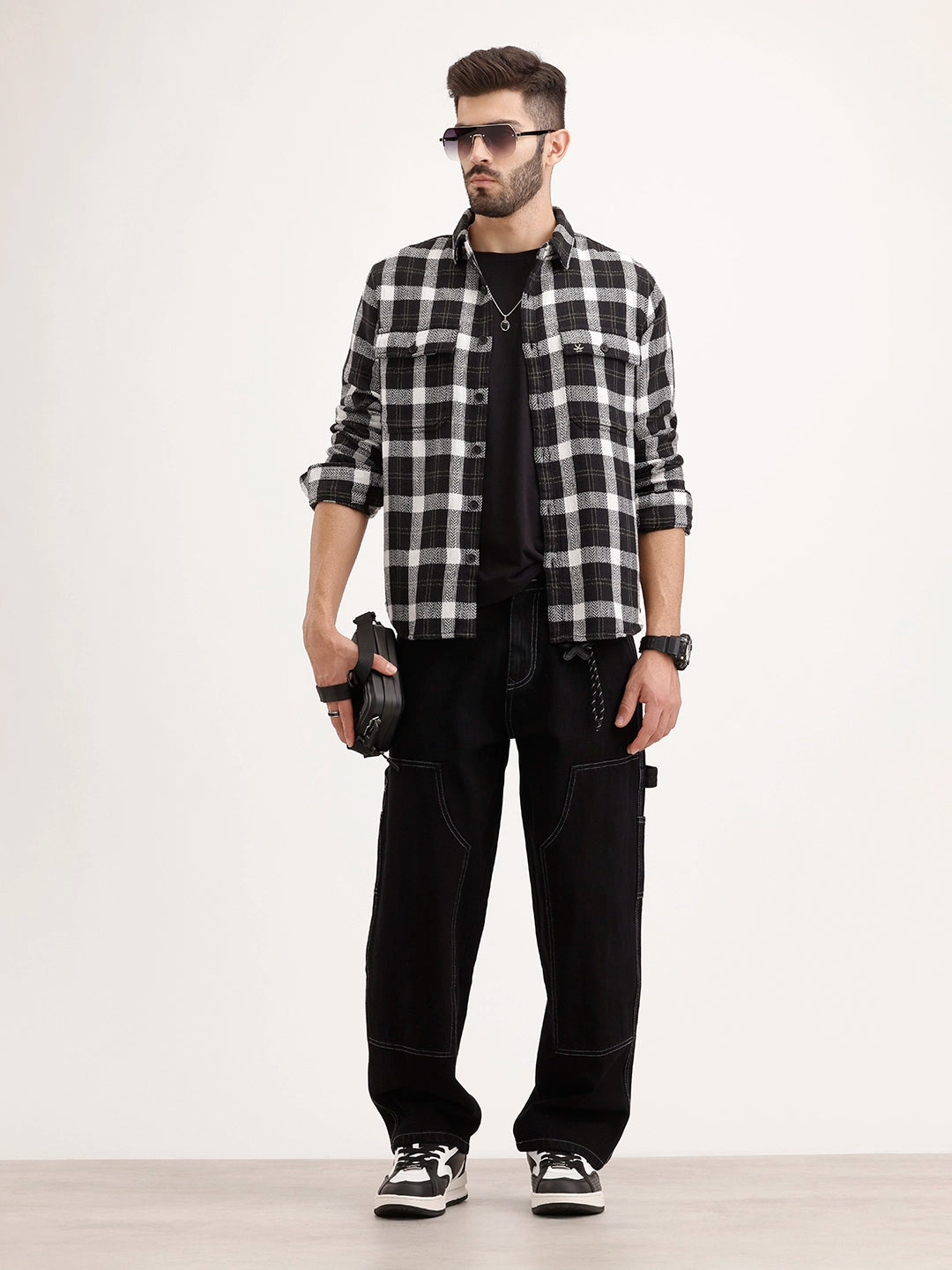 Regular Fit Herringbone Checkered Shirt | Black