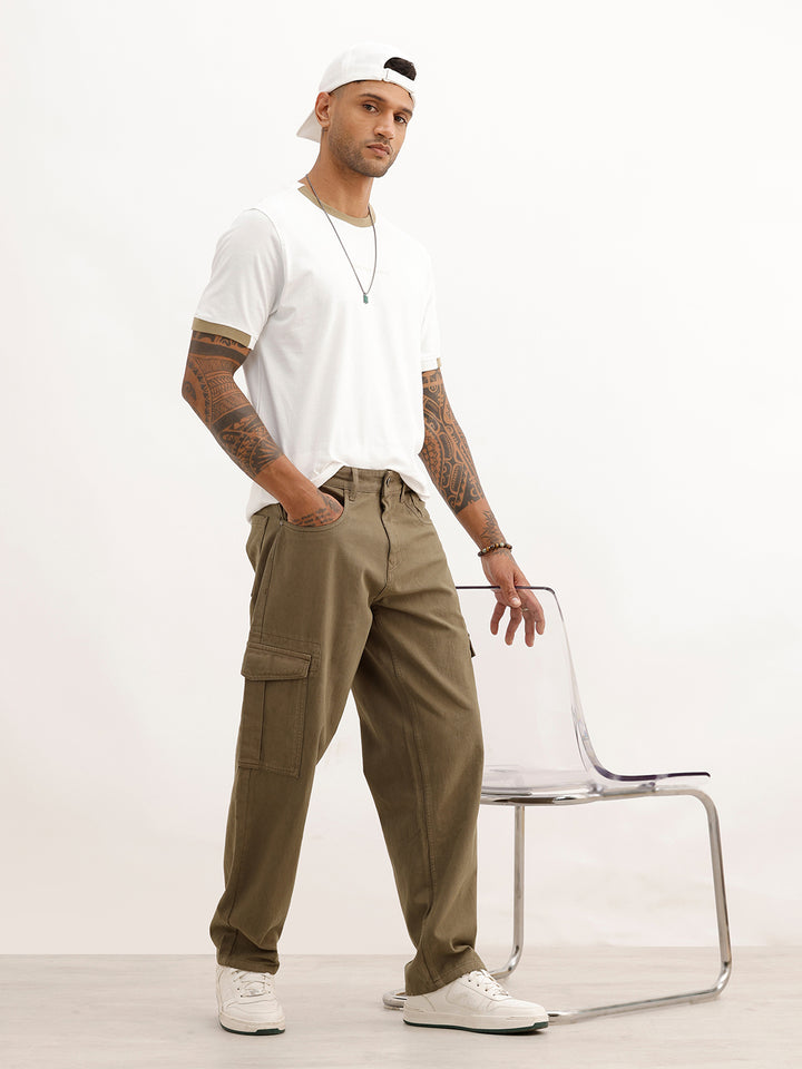 Loose Fit Solid Denim Cargo | Olive