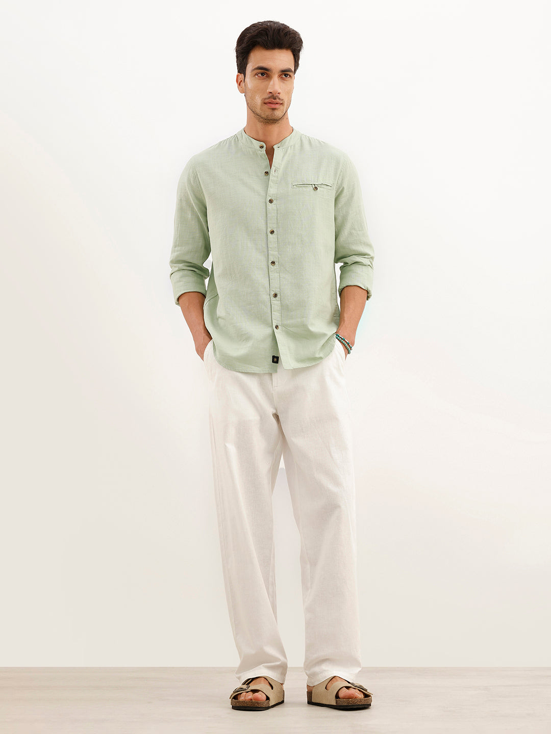 Solid Slim Fit Mandrin Collar Shirt | Grey