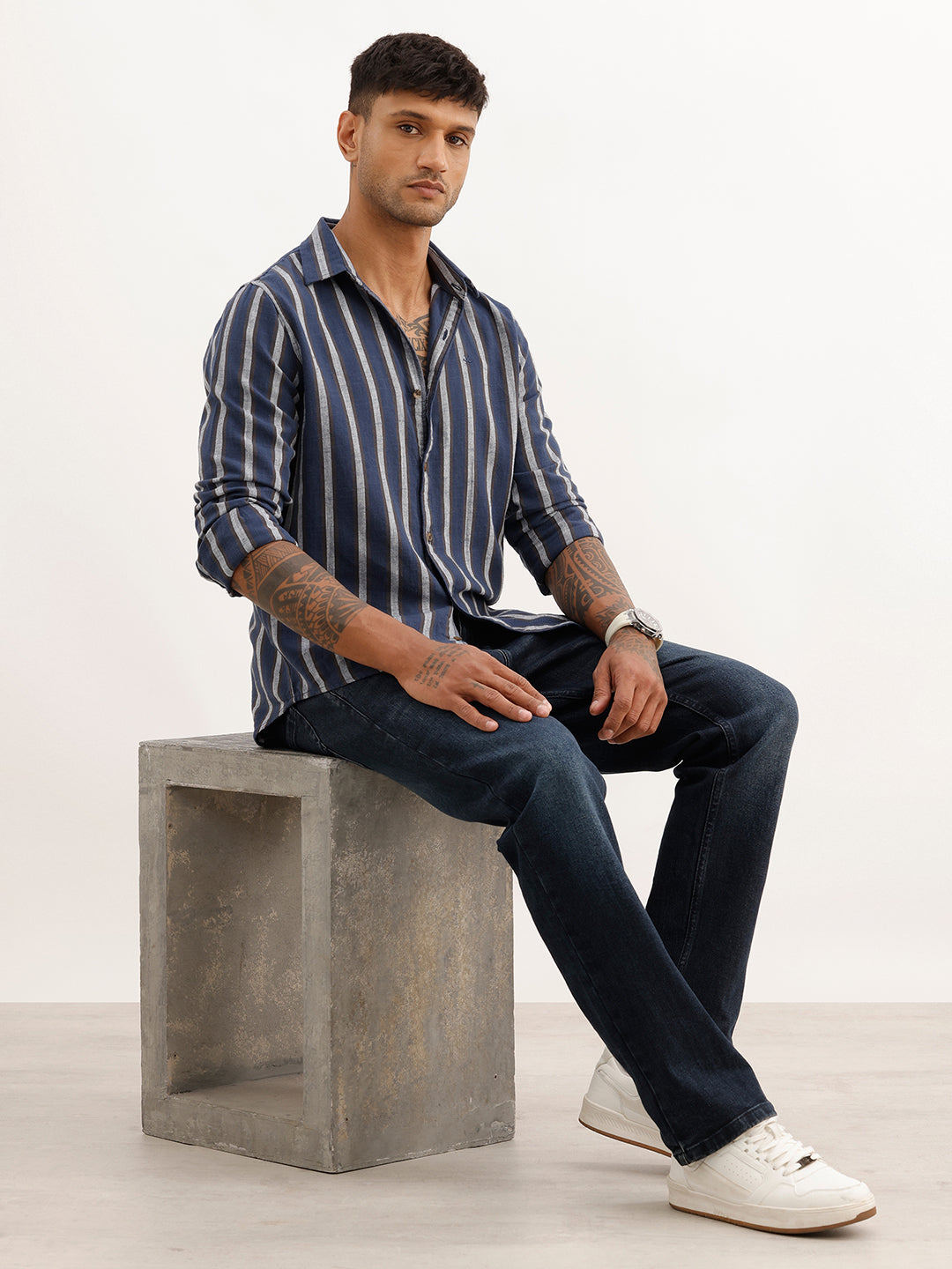 Slim Fit Striped Full Sleeve Shirt | Navy Blue