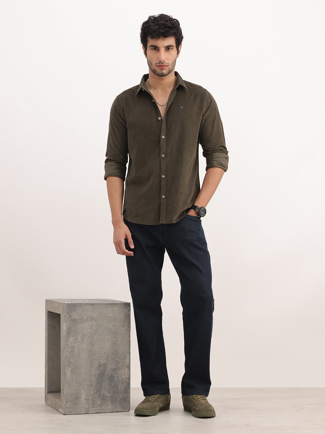Slim Fit Solid Corduroy Shirt | Olive