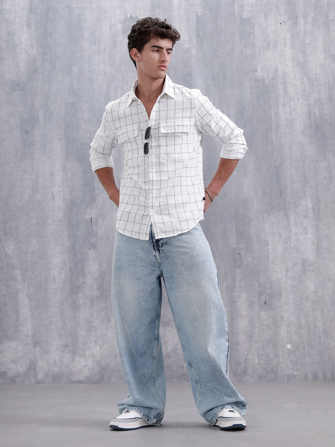 Regular Fit Double Pocket Checkered Shirt | White