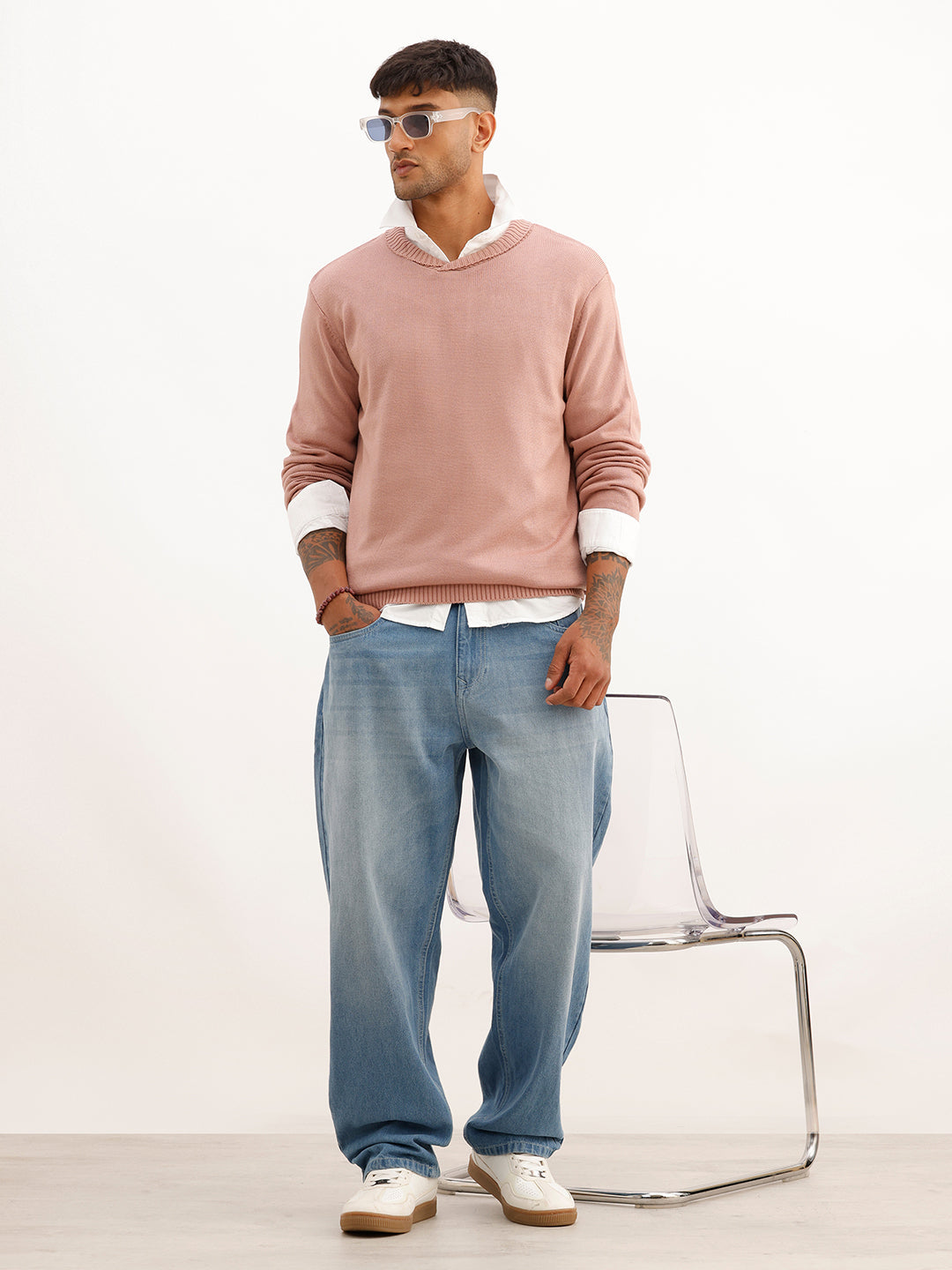 Solid Regular Fit Knitted Sweater | Pink