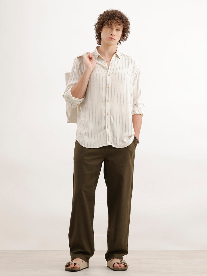 Loose Fit Linen Blend Mens Casual Wear Trouser  | Olive