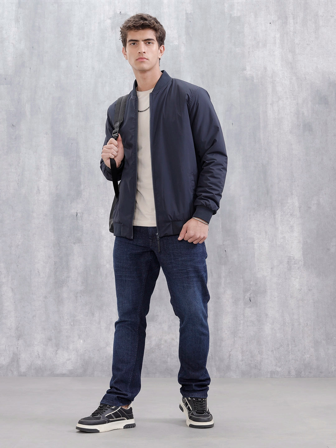 Men's Casual Solid Bomber Jacket  | Navy Blue