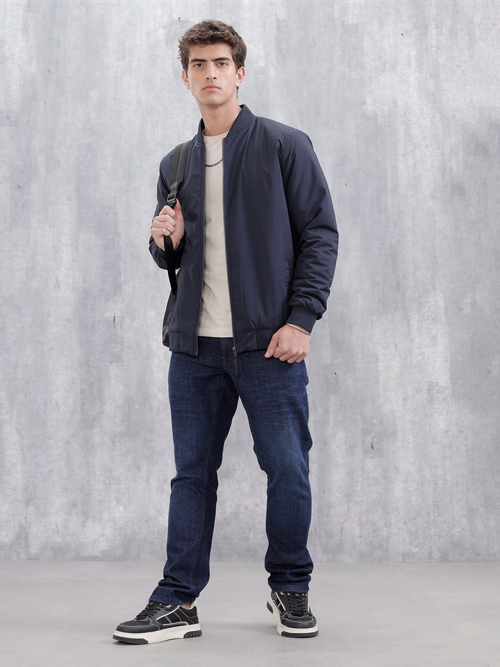 Men's Casual Solid Bomber Jacket  | Navy Blue