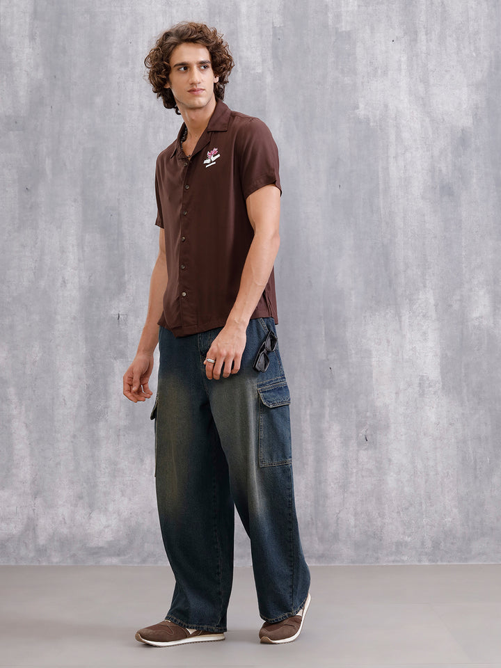 Fluid Resort Collar Shirt With Surreal Back Print | Brown