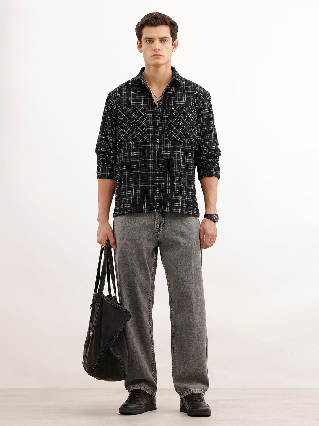 Comfort Fit Textured Double Pocket Shirt  | Black