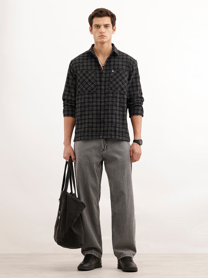 Comfort Fit Textured Double Pocket Shirt  | Black