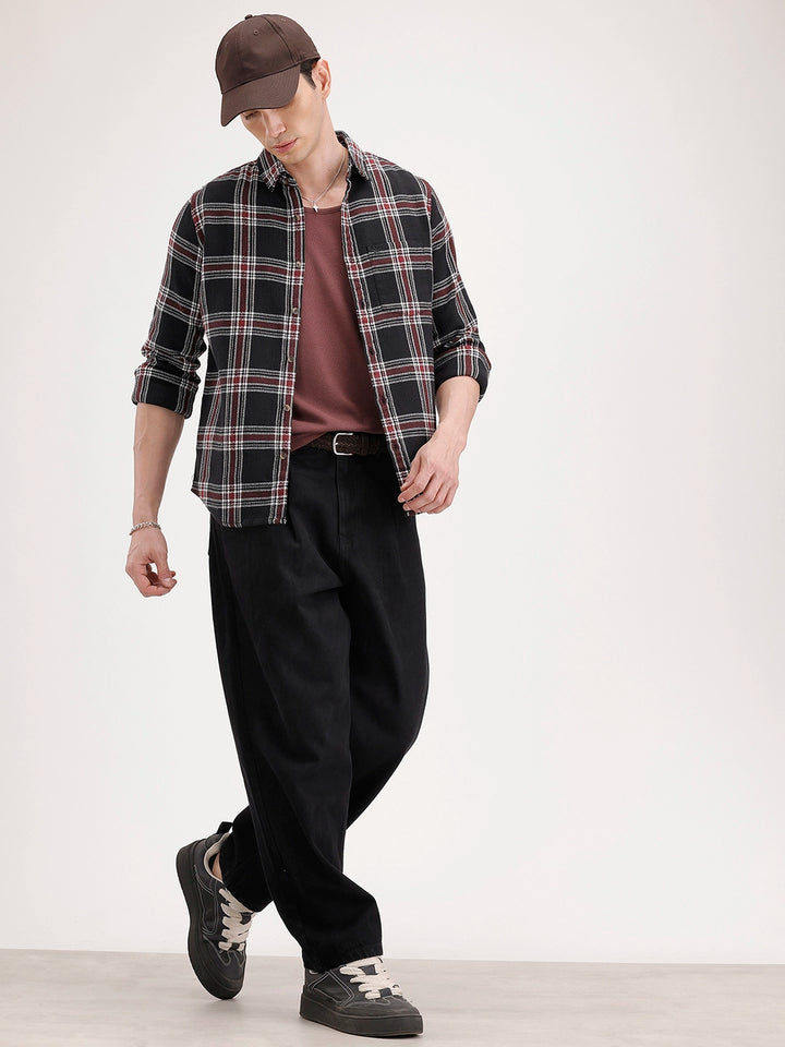Regular Fit Textured Checkered Shirt | Black