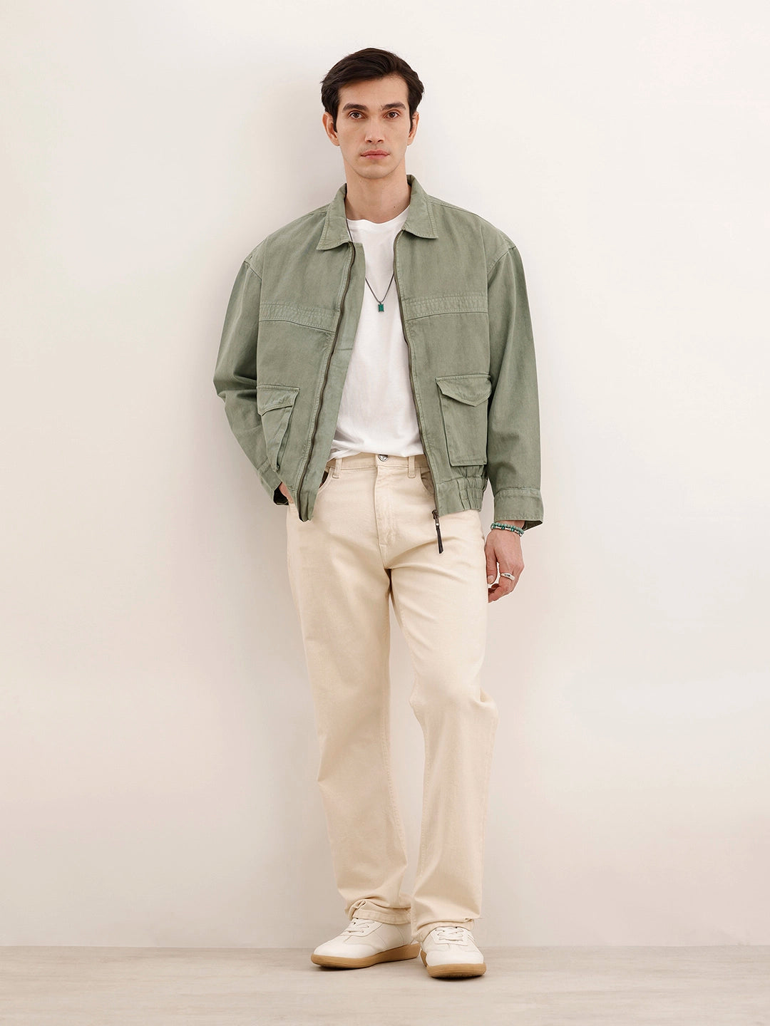 Oversized Zipper Denim Jacket | Olive